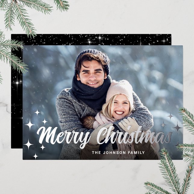 Sparkle Christmas PHOTO Greeting Silver (Customizable Christmas holiday greeting photo card with real foil print.)