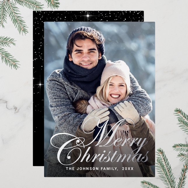 Sparkle Christmas PHOTO Greeting Silver (Customizable Christmas holiday greeting photo card with real foil print.)