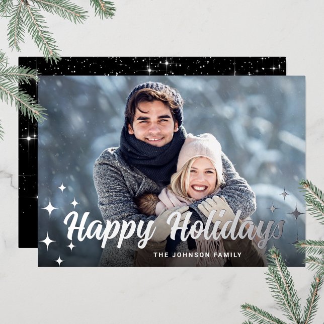 Sparkle Christmas PHOTO Greeting Silver (Customizable Christmas holiday greeting photo card with real foil print.)