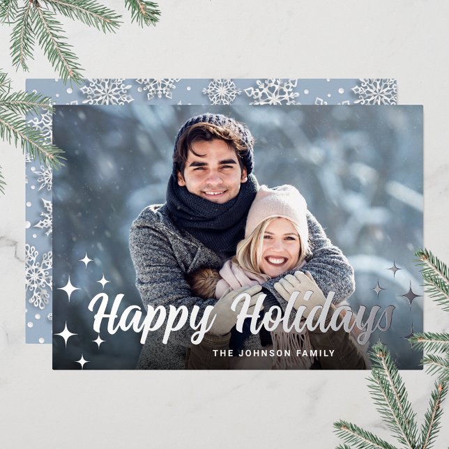 Sparkle Christmas PHOTO Greeting Silver (Customizable Christmas holiday greeting photo card with real foil print.)