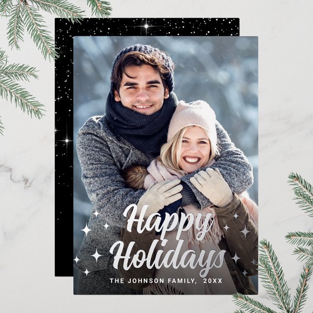 Sparkle Christmas PHOTO Greeting Silver (Customizable Christmas holiday greeting photo card with real foil print.)