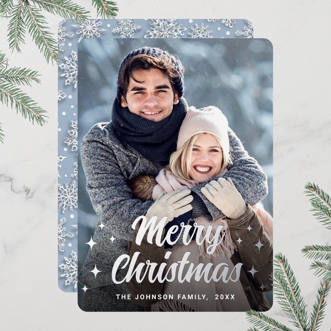 Sparkle Christmas PHOTO Greeting Silver (Customizable Christmas holiday greeting photo card with real foil print.)
