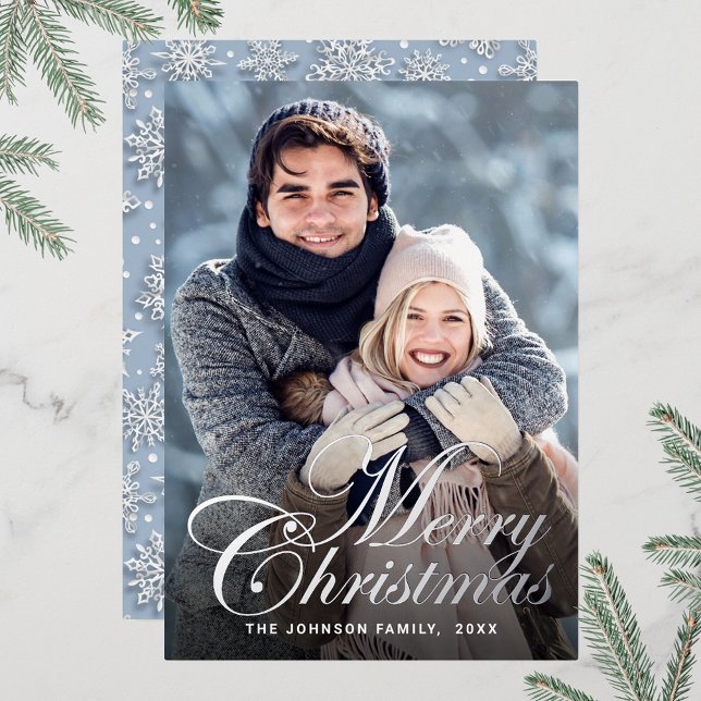 Sparkle Christmas PHOTO Greeting Silver (Customizable Christmas holiday greeting photo card with real foil print.)
