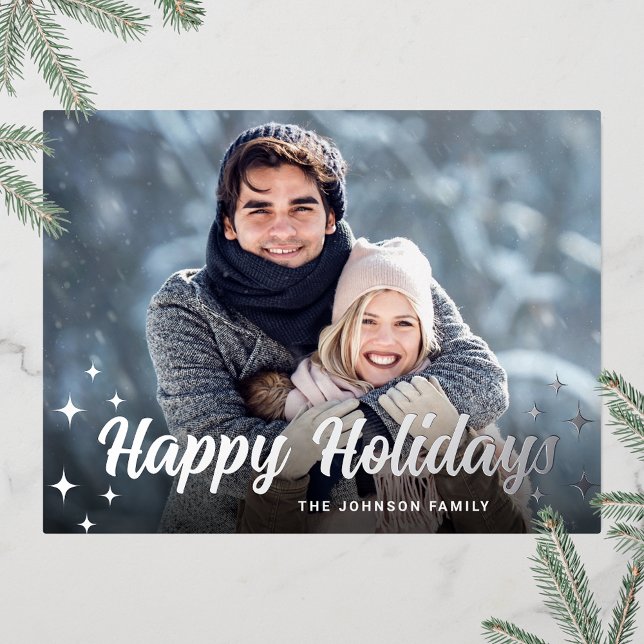 Sparkle Christmas PHOTO Greeting Silver Foil Holiday Postcard (Customizable Christmas holiday greeting photo card with real foil print.)