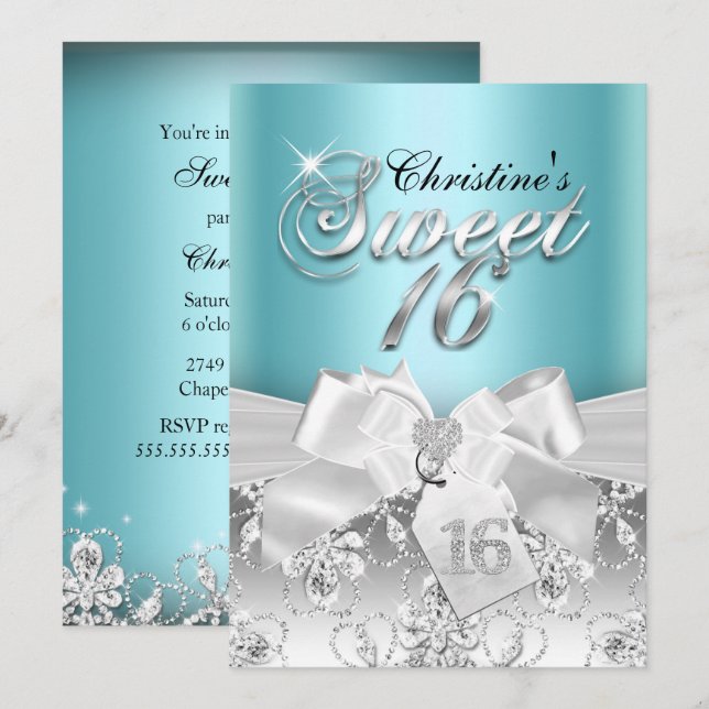 Sparkle Diamond Bow Blue Sweet 16 Invite (Front/Back)