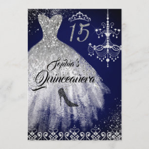 Sparkle Diamond Dress Navy Quinceanera Invitation