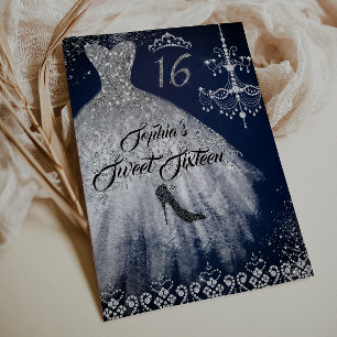 Sparkle Diamond Dress Navy Silver Sweet 16 Invitation