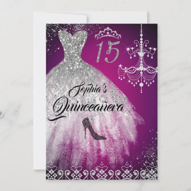 Sparkle Diamond Dress Pink Silver Quinceanera Invitation (Front)