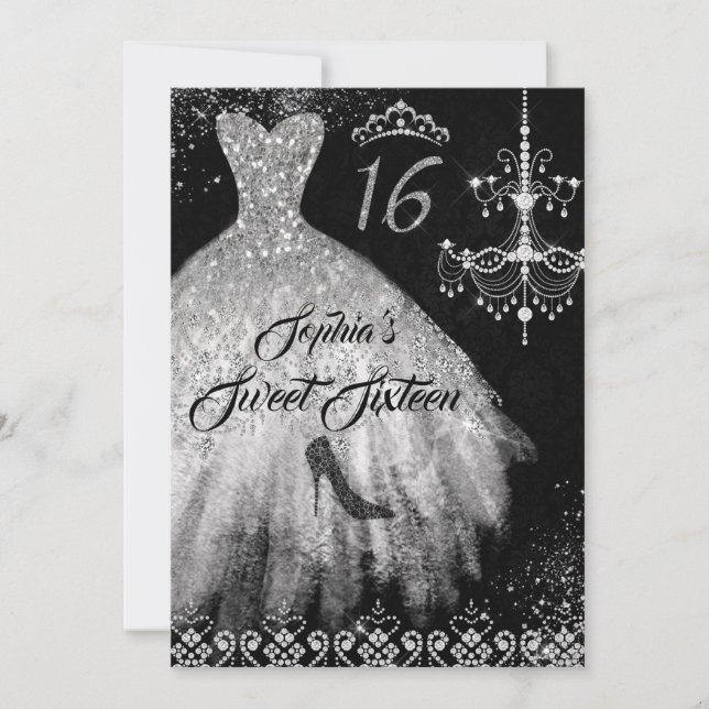 Sparkle Diamond Dress Silver Black Sweet 16 Invitation (Front)