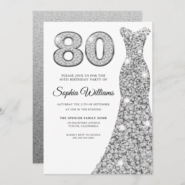 Sparkle Diamond Dress Womans 80th Birthday Party Invitation (Front/Back)
