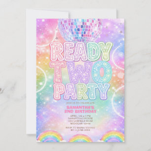 Sparkle Disco Ball Pastel Rainbow Second Birthday  Invitation