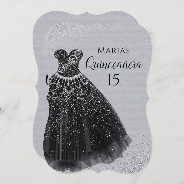 Sparkle Dress Black Silver Quinceañera Invitations (Front/Back)
