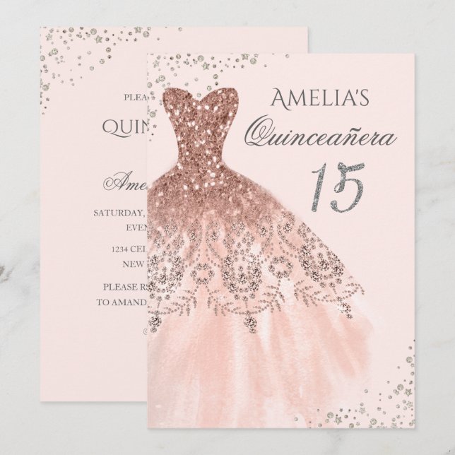 Sparkle Dress Pink Rose Gold Quinceanera Invite (Front/Back)