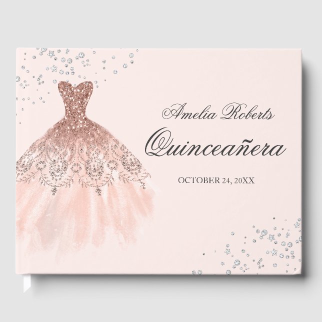 Sparkle Dress Rose Gold Quinceanera Guest Book (Front)
