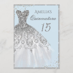 Sparkle Dress Silver Blue Quinceanera Invitation