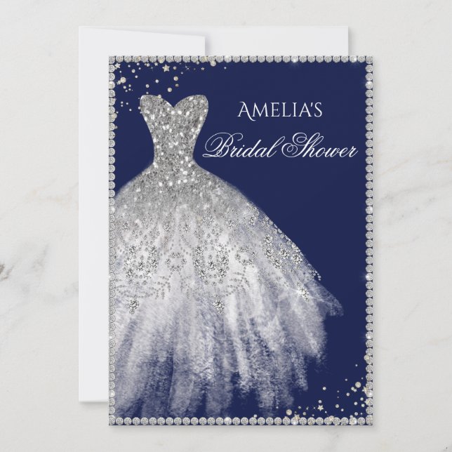 Sparkle Dress Silver Navy Bridal Shower Invitation (Front)