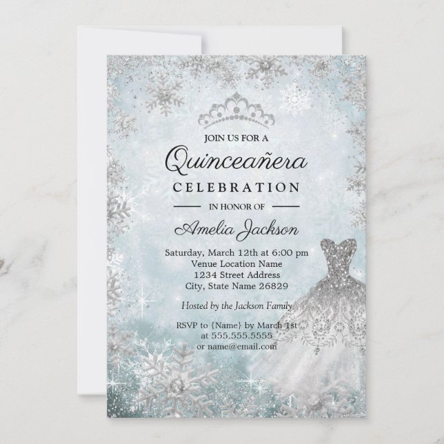 Sparkle Dress Snowflakes Blue Winter Quinceanera Invitation (Front)