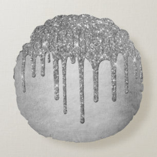 Sparkle Drip Decor   Platinum Silver Metallic Ice Round Cushion