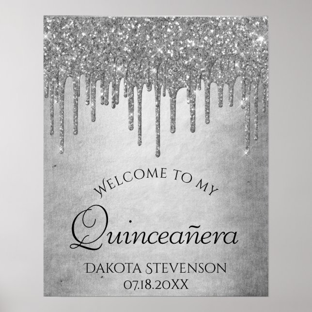Sparkle Drip Quinceanera | Silver Diamond Icing Poster (Front)