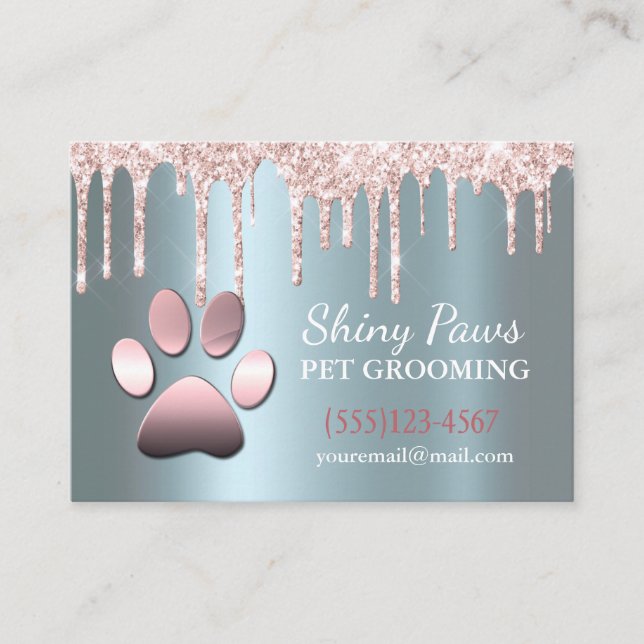 Sparkle Drip Shimmer Dog Paw Pet Grooming Service Business Card (Front)