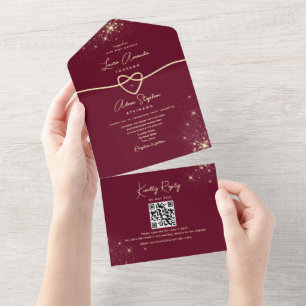 Sparkle Elegant Burgundy and Gold Wedding All In One Invitation