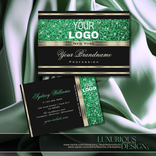 Sparkle Emerald Green Glitter add Logo Gold Black Business Card (Creator Uploaded)