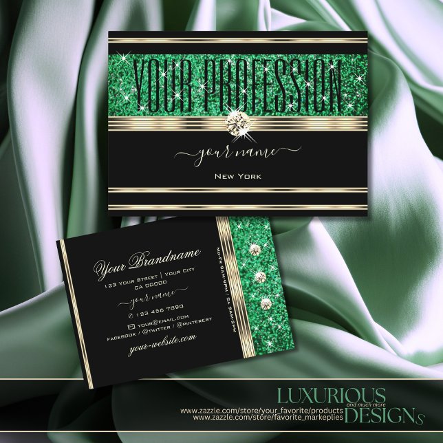 Sparkle Emerald Green Glitter Diamonds Gold Black Business Card (Creator Uploaded)