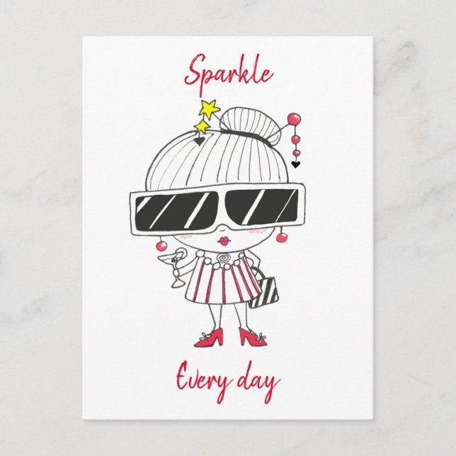 Sparkle Every Day // Cool Chick Drawing Holiday Postcard (Front)