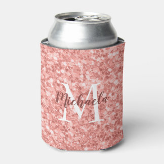 Sparkle Faux Rose Gold Glitter Monogram Can Cooler