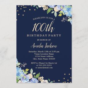 Sparkle Floral Blue 100th Birthday Party Invitation