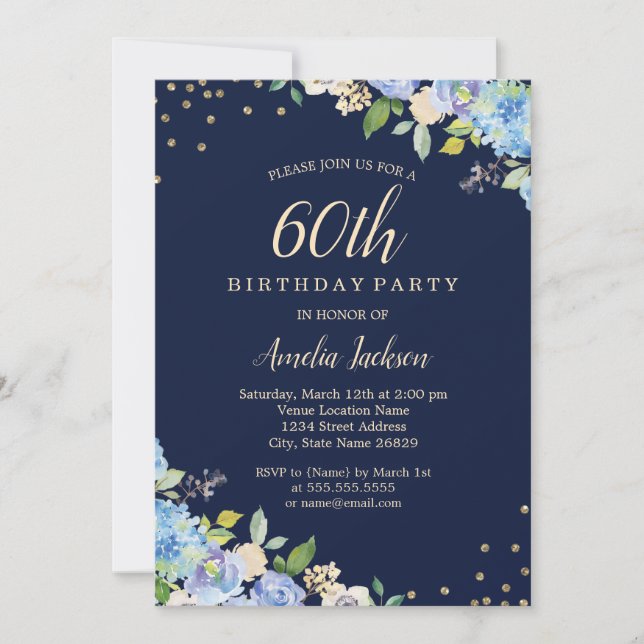 Sparkle Floral Blue 60th Birthday Party Invitation (Front)