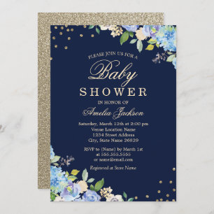 Sparkle Floral Blue Gold Boy Baby Shower Invitation