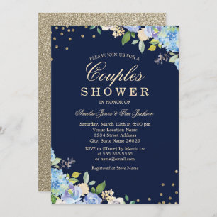 Sparkle Floral Blue Gold Couples Shower Invitation
