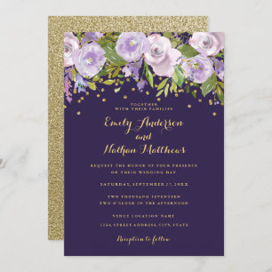 Sparkle Floral Gold Purple Wedding Invitation