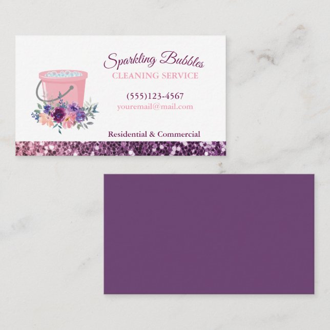 Sparkle Floral Pink Bucket Cleaning Services  Business Card (Front/Back)