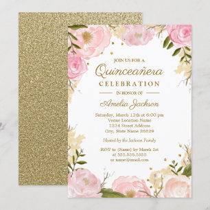 Sparkle Floral Pink Gold Quinceanera Invitation