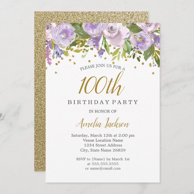 Sparkle Floral Purple 100th Birthday Invite (Front/Back)