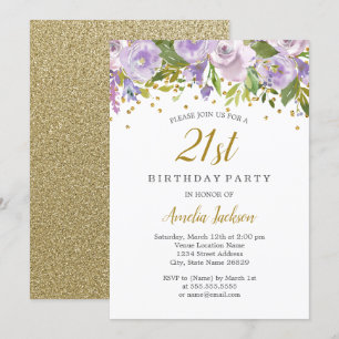 Sparkle Floral Purple 21st Birthday Invite
