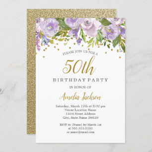 Sparkle Floral Purple 50th Birthday Invite