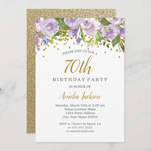 Sparkle Floral Purple 70th Birthday Invite (Front/Back)