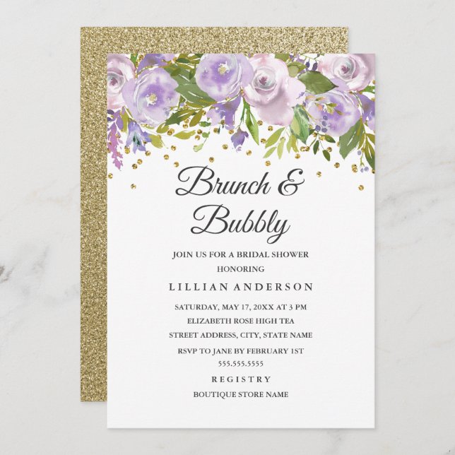 Sparkle Floral Purple Brunch And Bubbly Invitation (Front/Back)