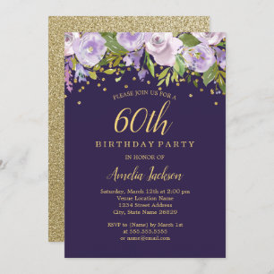 Sparkle Floral Purple Gold 60th Birthday Invite