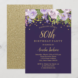 Sparkle Floral Purple Gold 80th Birthday Invite