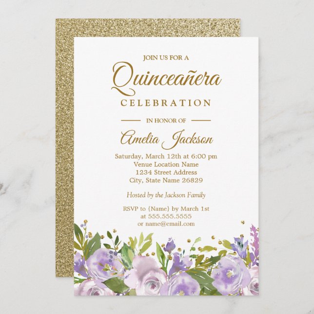 Sparkle Floral Purple Gold Quinceanera Invitation (Front/Back)