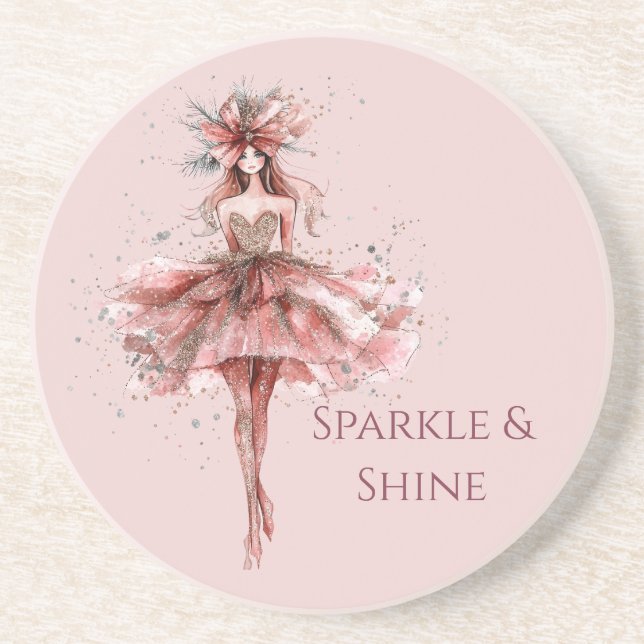 Sparkle Girl in Pink Rose Gold Dress Coaster (Front)