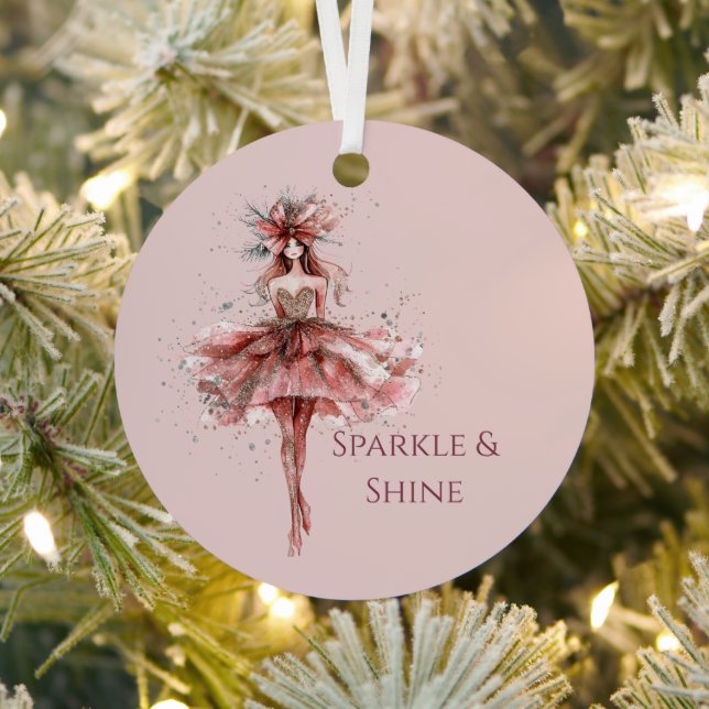 Sparkle Girl in Pink Rose Gold Dress Metal Tree Decoration (Insitu)