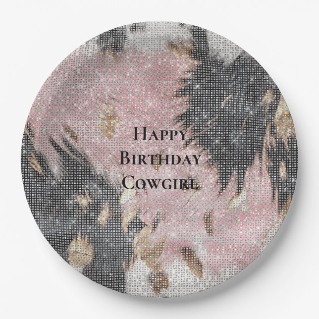 Sparkle Girly Pink Black Gold Cowgirl Cowhide Paper Plate (Front)