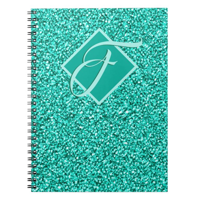 Sparkle Glam Turquoise Blue Glitter Monogram Notebook (Front)