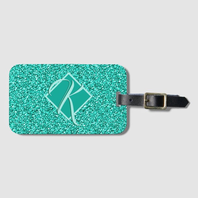 Sparkle Glam Turquoises Blue Glitter Monogrammed Luggage Tag (Front Horizontal)