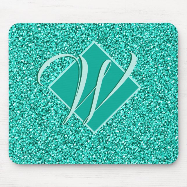 Sparkle Glam Turquoises Blue Glitter Monogrammed Mouse Pad (Front)